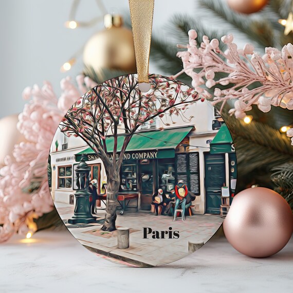 Paris France Christmas Ornament Bookstore Street Scene Travel Poster