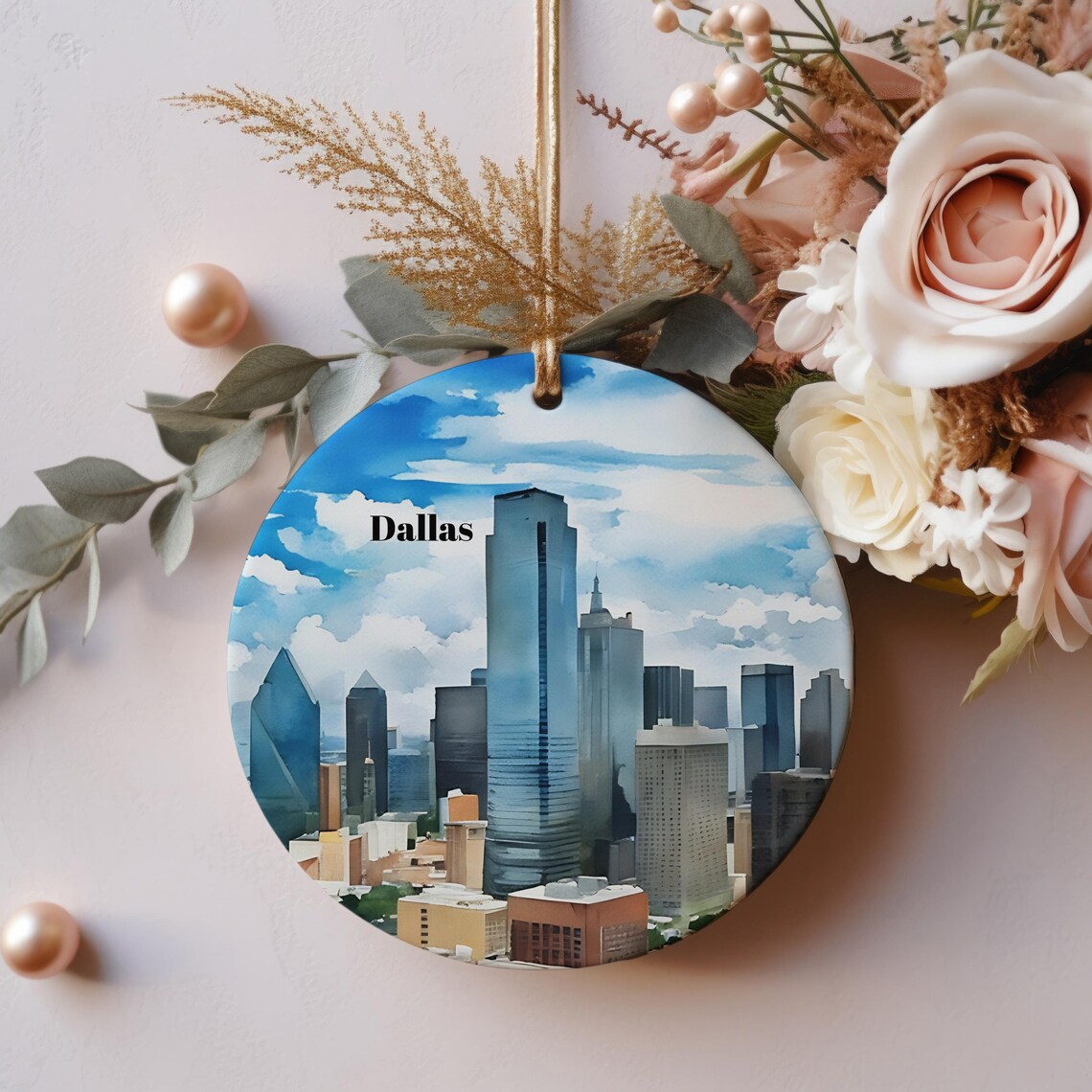 Dallas Skyline Watercolor Downtown Texas Ceramic Christmas Ornament Print