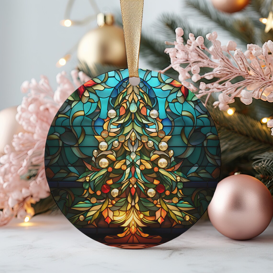 Jeweled Christmas Tree Stained Glass Holiday Ornament Poster Art