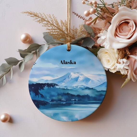 Alaska Blue Snowy Mountains Lake Watercolor Round Travel Poster