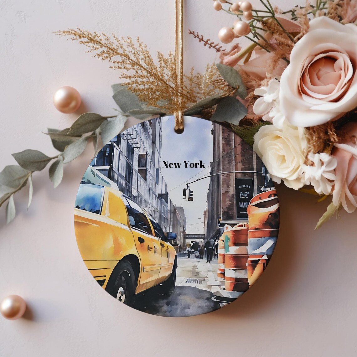 New York City Yellow Taxi Street Scene Christmas Ornament Poster