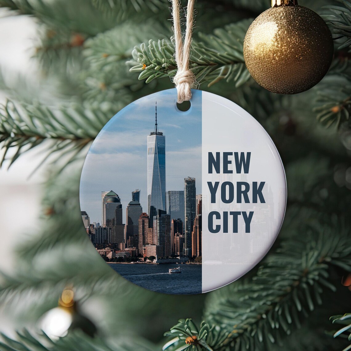 New York City Manhattan Skyline Christmas Ornament Travel Poster