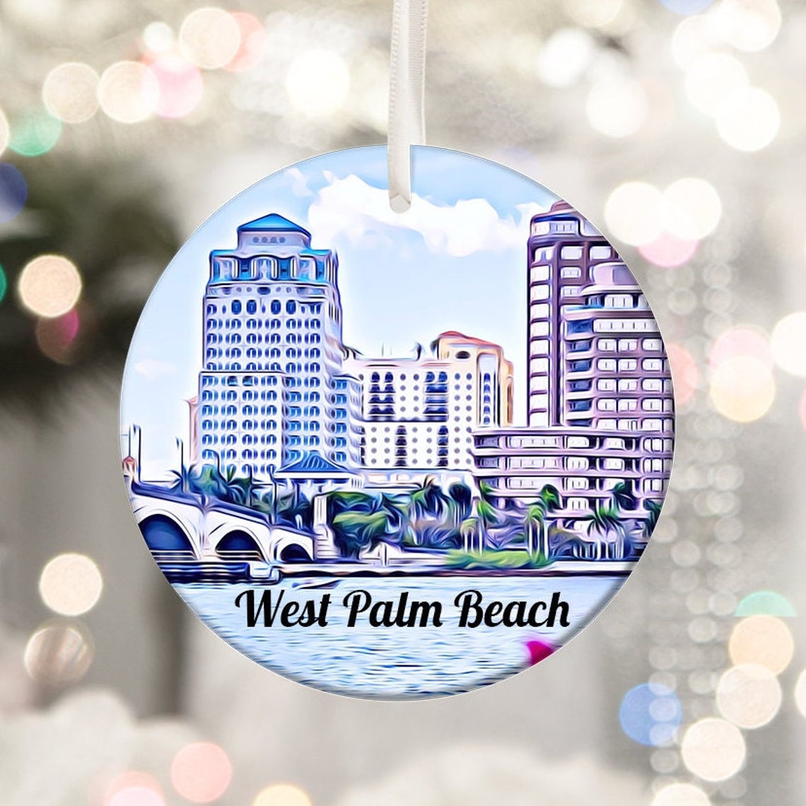West Palm Beach Florida Skyline Round Ceramic Ornament Print