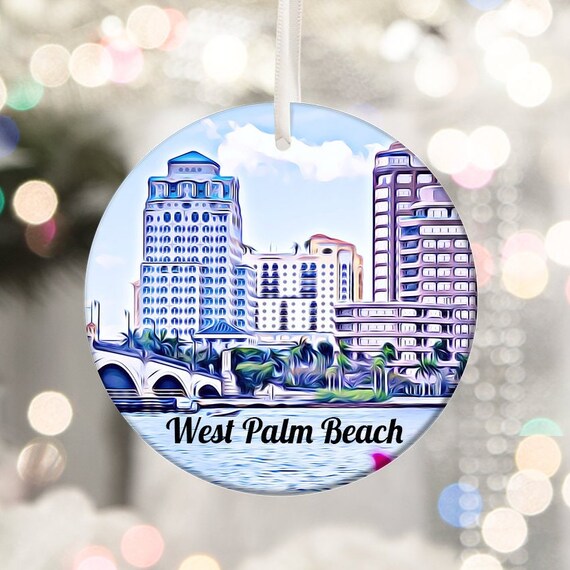West Palm Beach Florida Skyline Round Ceramic Ornament Print