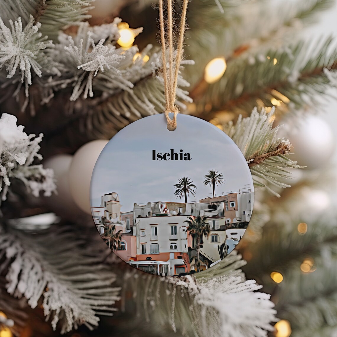 Ischia Italy Coastal Town Watercolor Christmas Ornament Poster