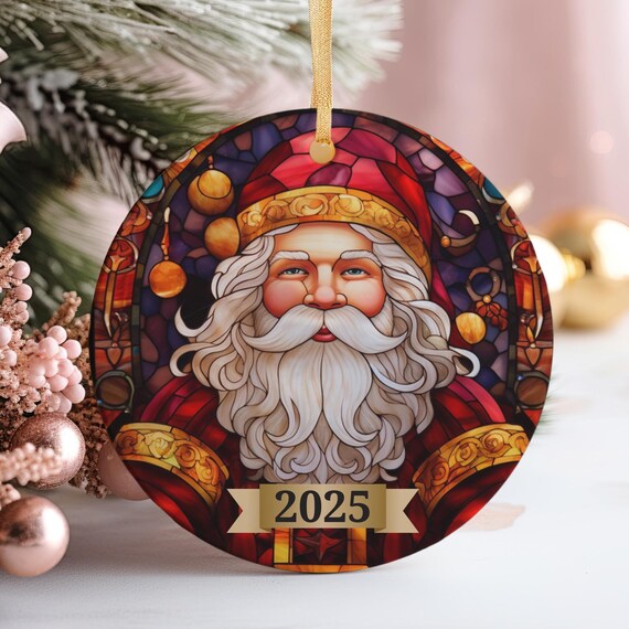 Stained Glass 2025 Santa Face Ornament Ornate Red Hat Holiday Art Print