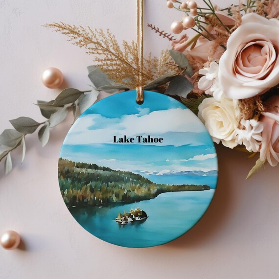 Lake Tahoe Blue Watercolor Round Christmas Ornament Travel Poster