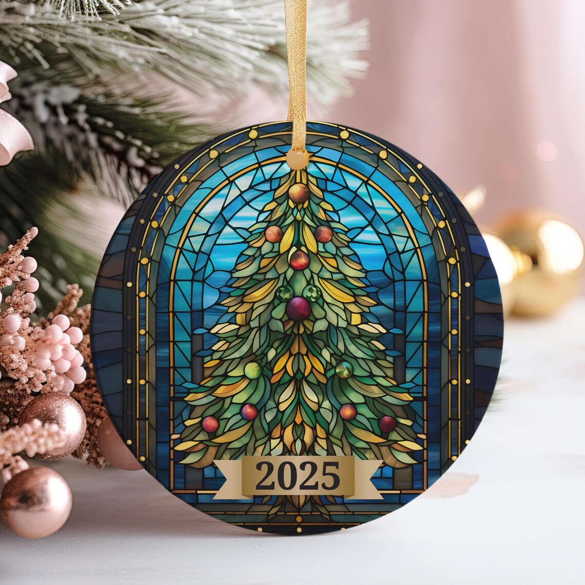 2025 Blue Stained Glass Christmas Tree Round Ornament Art Print