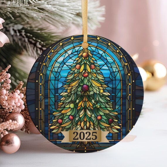 2025 Blue Stained Glass Christmas Tree Round Ornament Art Print