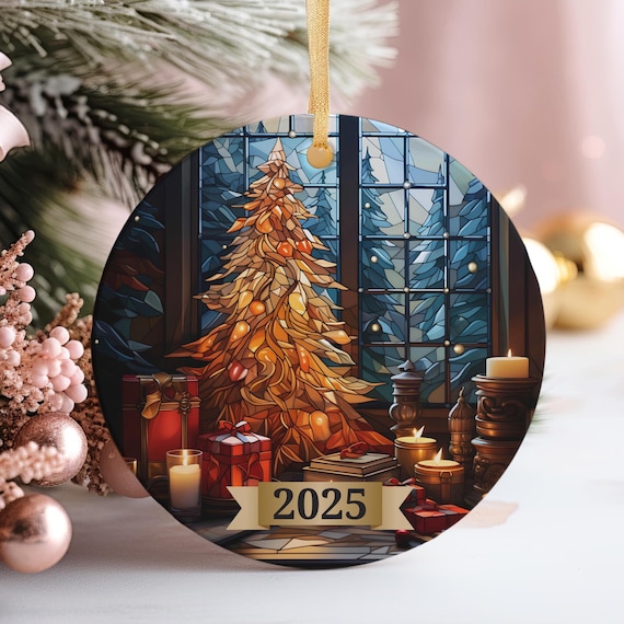 Stained Glass Golden Christmas Tree 2025 Round Ornament Keepsake Poster