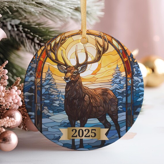 2025 Stained Glass Elk Christmas Ornament Golden Sunset Snow Pines Poster