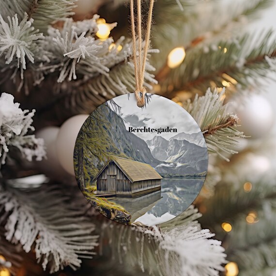 Berchtesgaden Alpine Lake Cabin Mountain Christmas Ornament Print