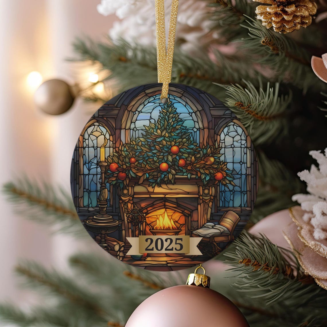 2025 Stained Glass Fireplace Scene Christmas Mantel Keepsake Print
