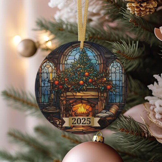 2025 Stained Glass Fireplace Scene Christmas Mantel Keepsake Print