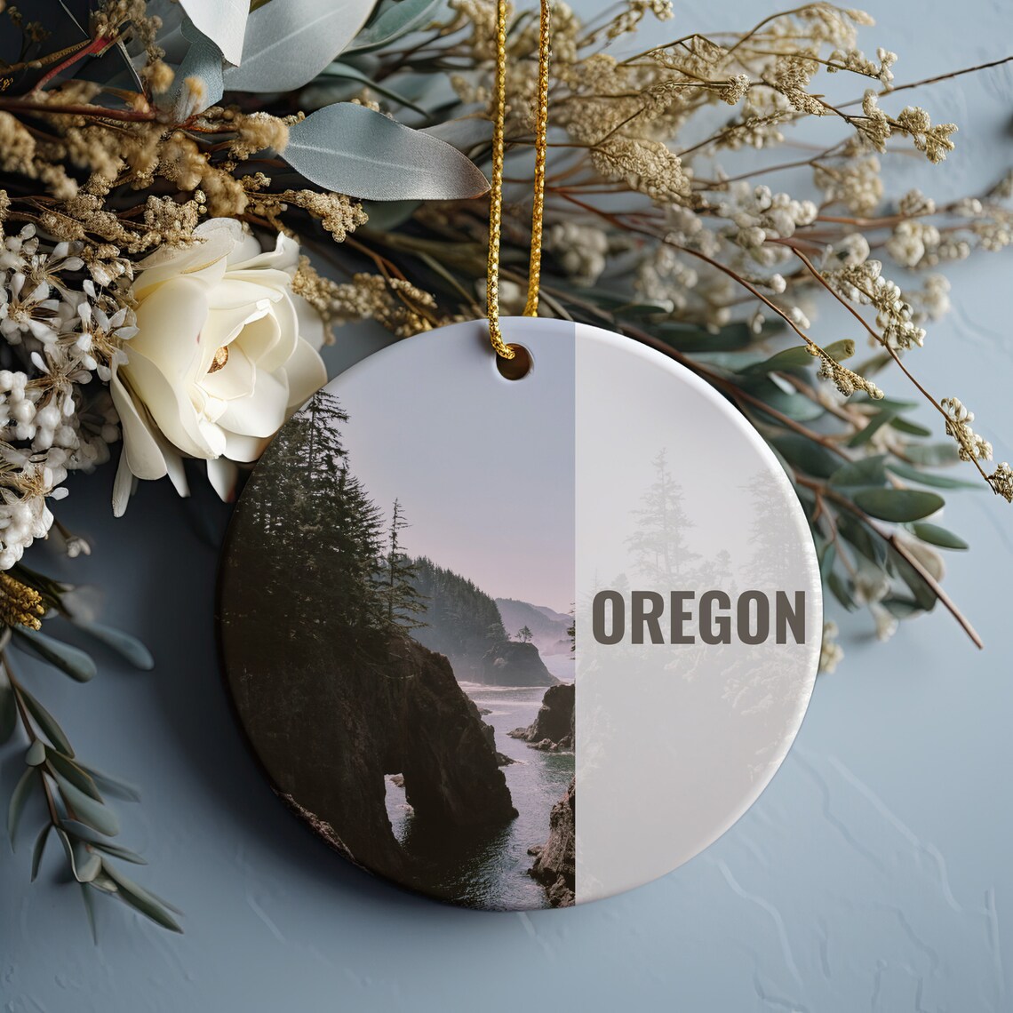 Oregon Pacific Northwest Coast Misty Cliffs Evergreen Holiday Ornament Print