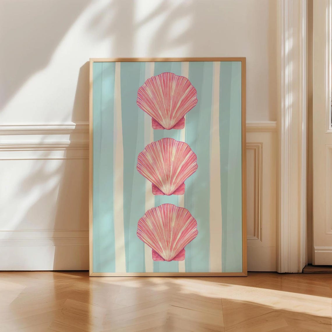Pink Scallop Seashell Trio on Aqua Striped Coastal Beach Wall Art