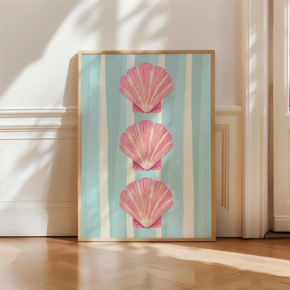 Pink And Blue Coastal Wall Art Seashell Striped Print Cute Beach Dorm Room Decor Pastel Dopamine