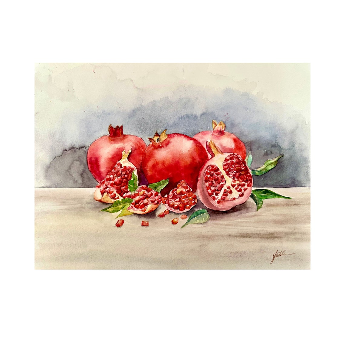 Pomegranates and Cut Fruit Seeds Rustic Watercolor Still Life Poster - Image 2