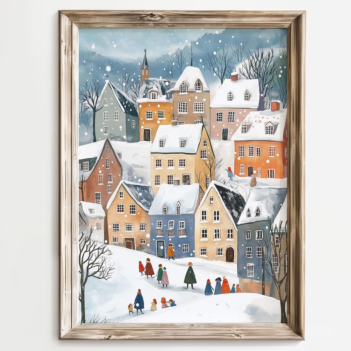 Snowy European Christmas Village Watercolor Holiday Art Poster