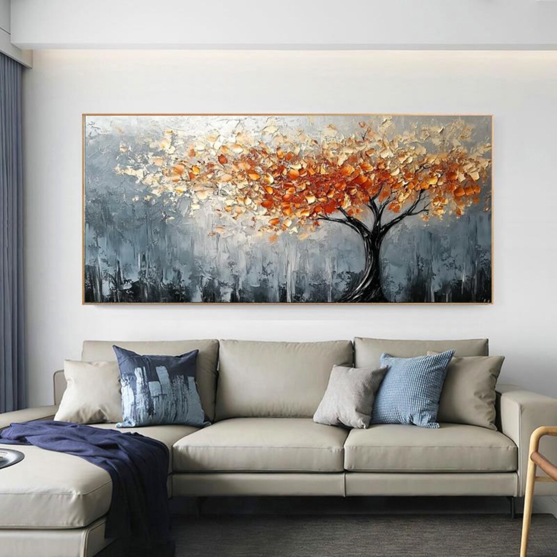 Autumn Tree Of Life Orange Leaves On Grey Forest Painting Poster - Image 6