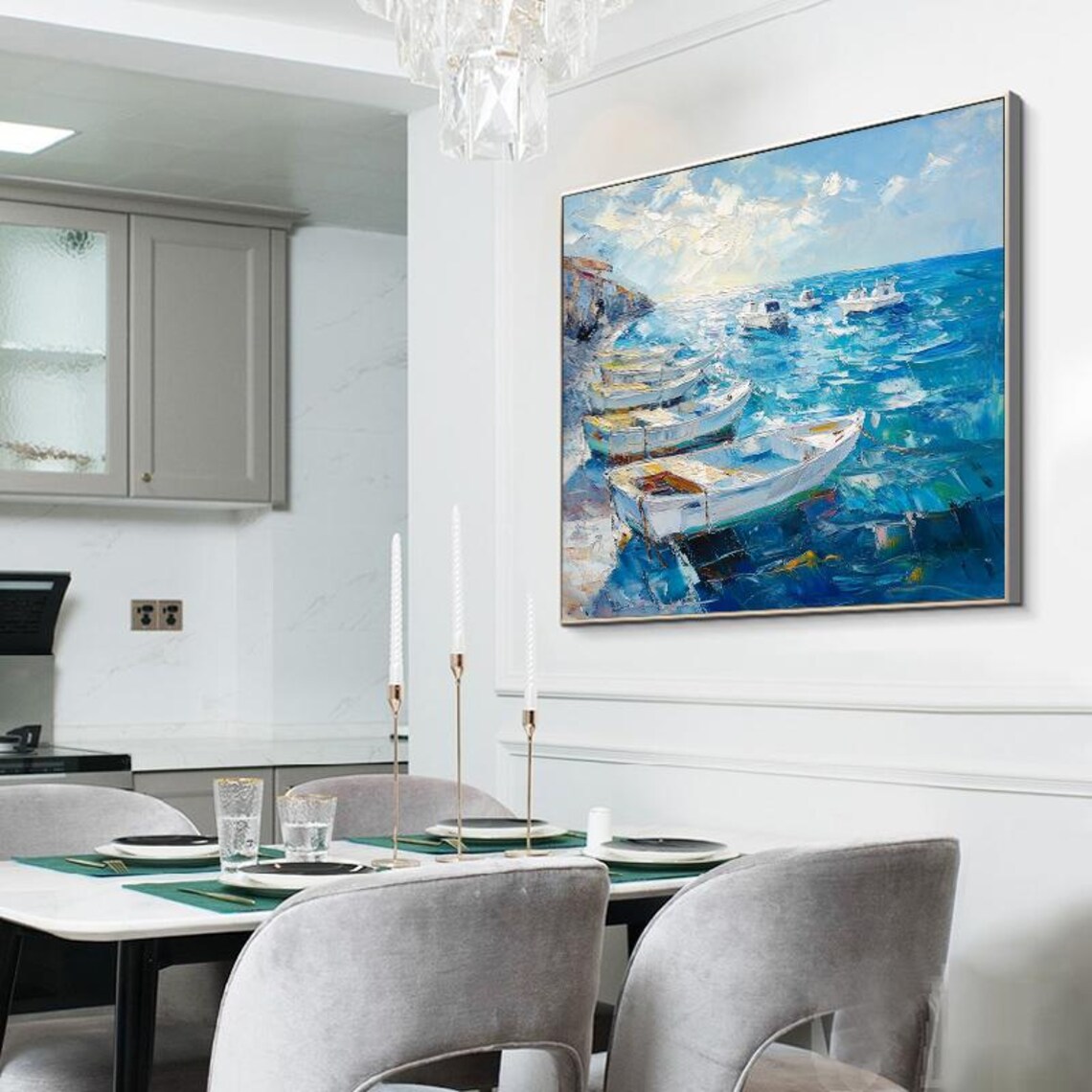 White Fishing Boats Bobbing on a Sparkling Blue Harbor Wall Art - Image 2
