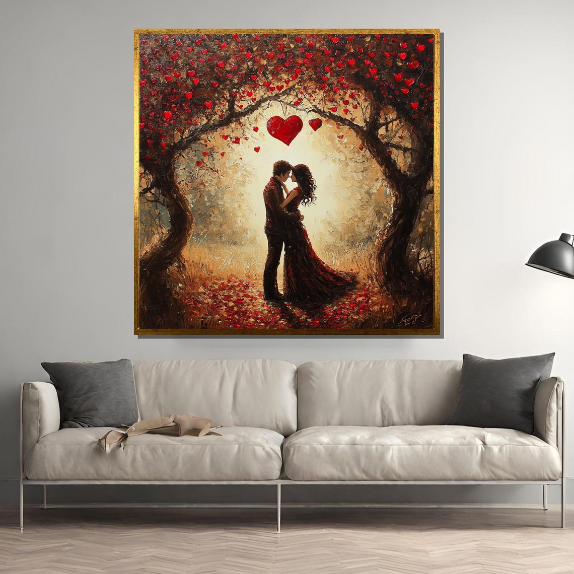 Romantic Couple Under Heart Trees, Oil Painting