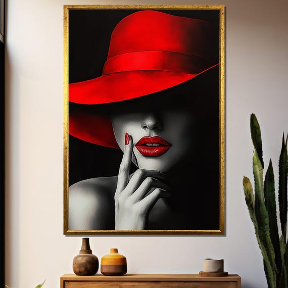 Elegant Woman In Red Hat, Fashion Portrait Art Print