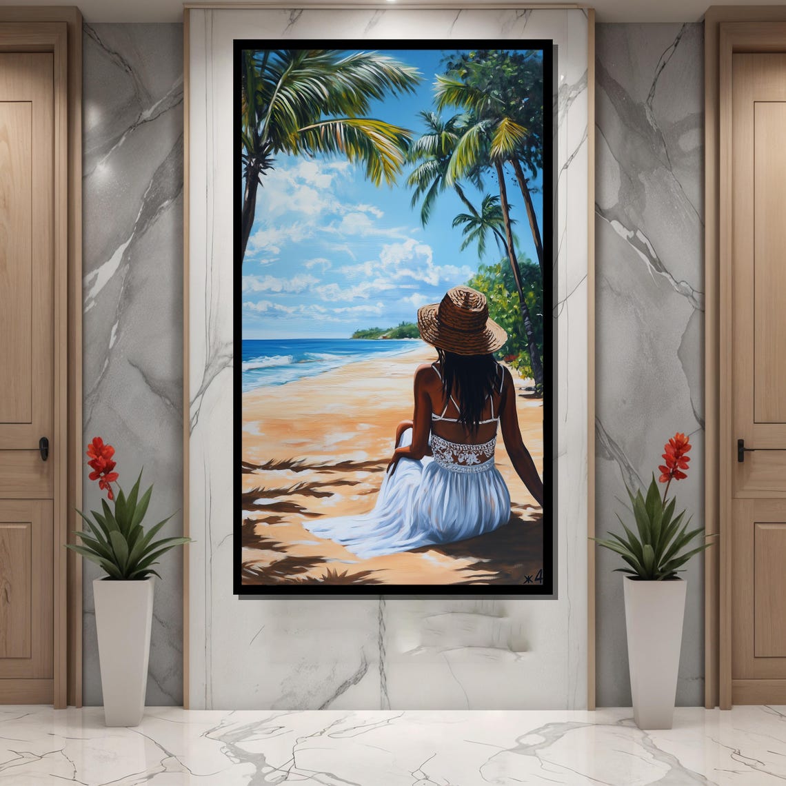 Tropical Beach Painting, Woman In White Dress - Image 2