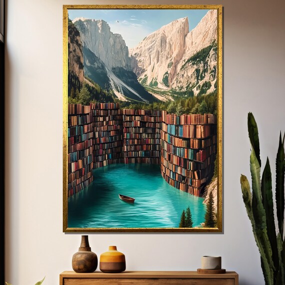 Surreal Library Lake Painting, Dreamy Mountain