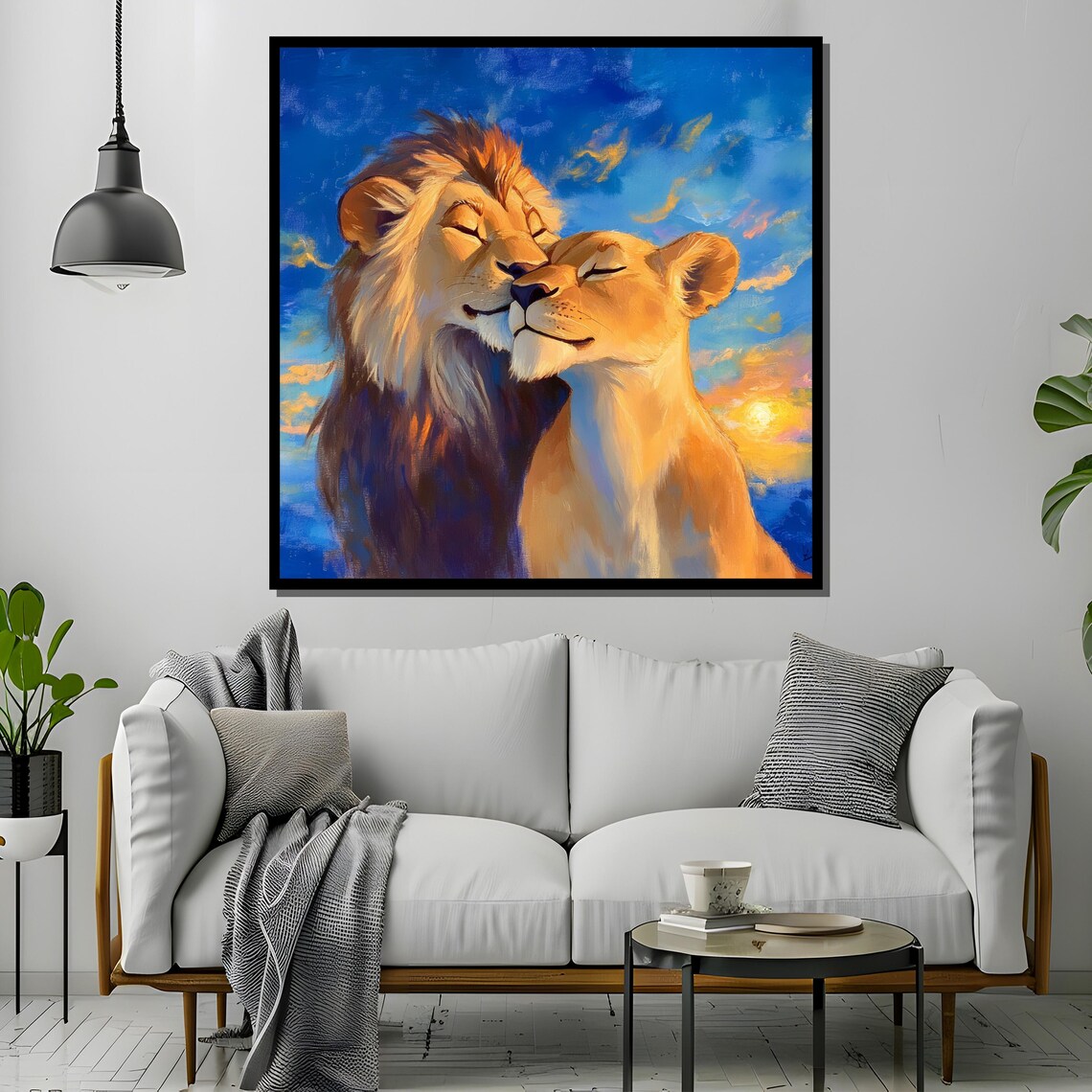 Romantic Lion Couple, Pastel Painting Under Sunset Sky - Image 2