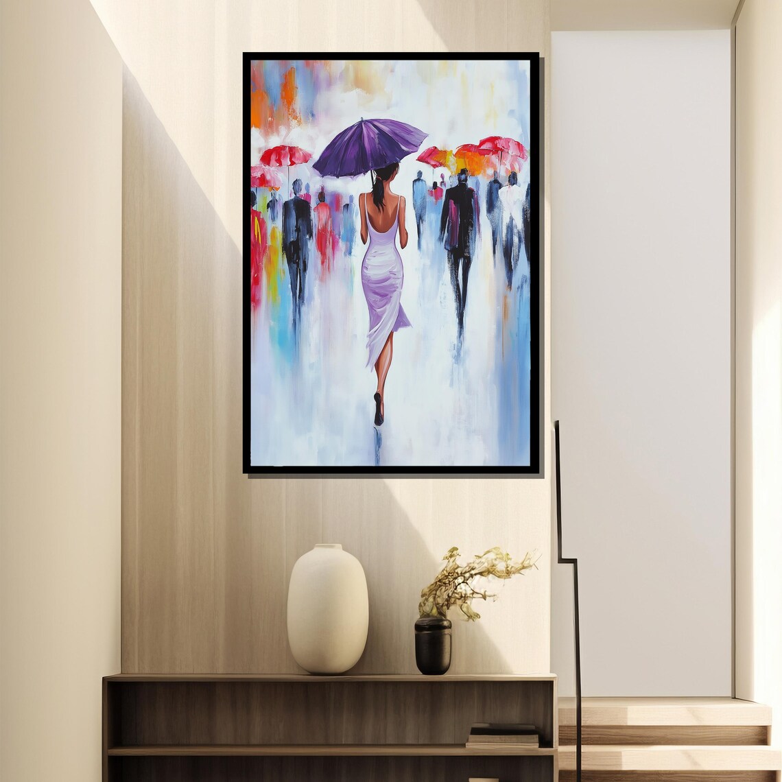Elegant Woman With Umbrella, Abstract Street Scene Art Print - Image 2