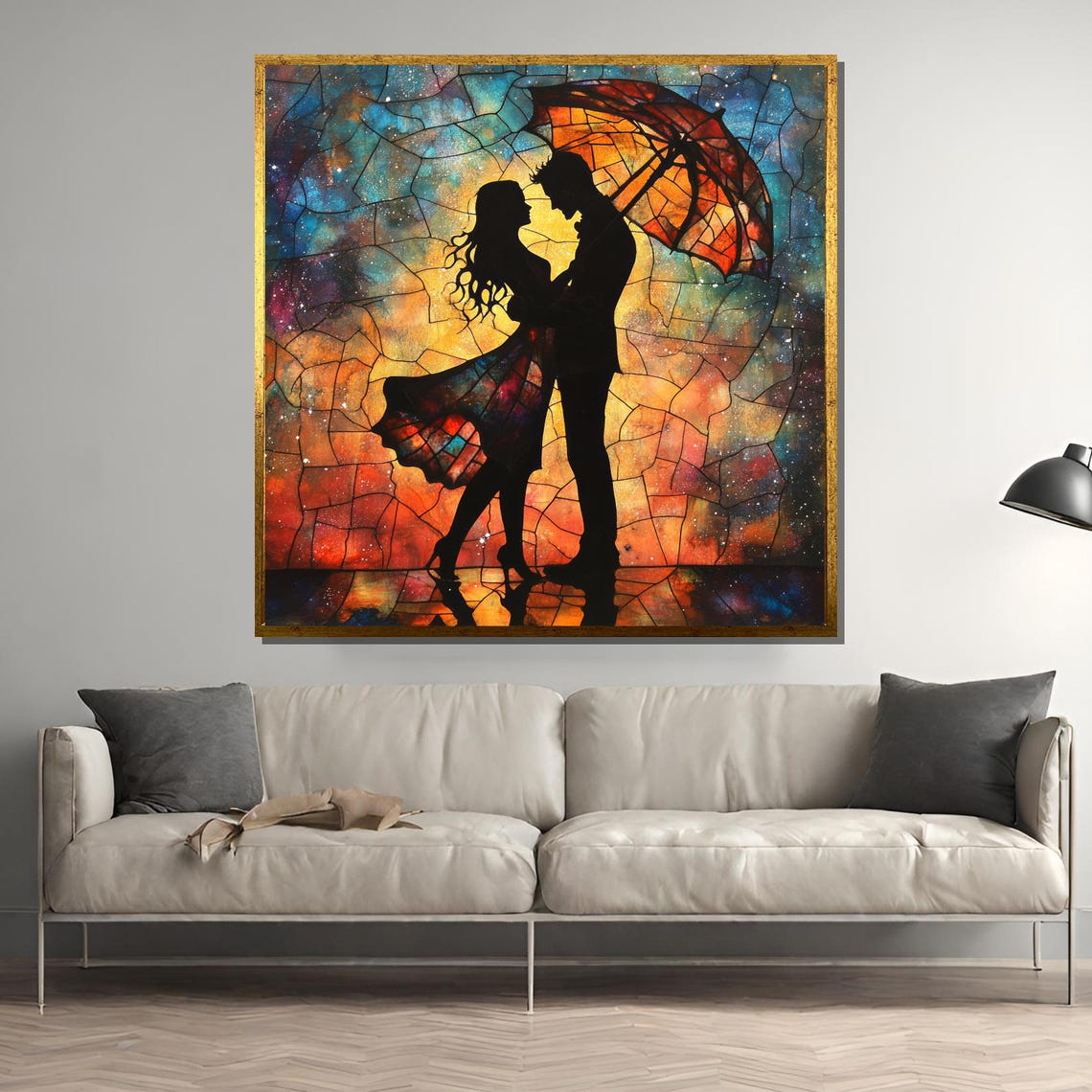 Stained Glass Couple Romantic Silhouette With Umbrella