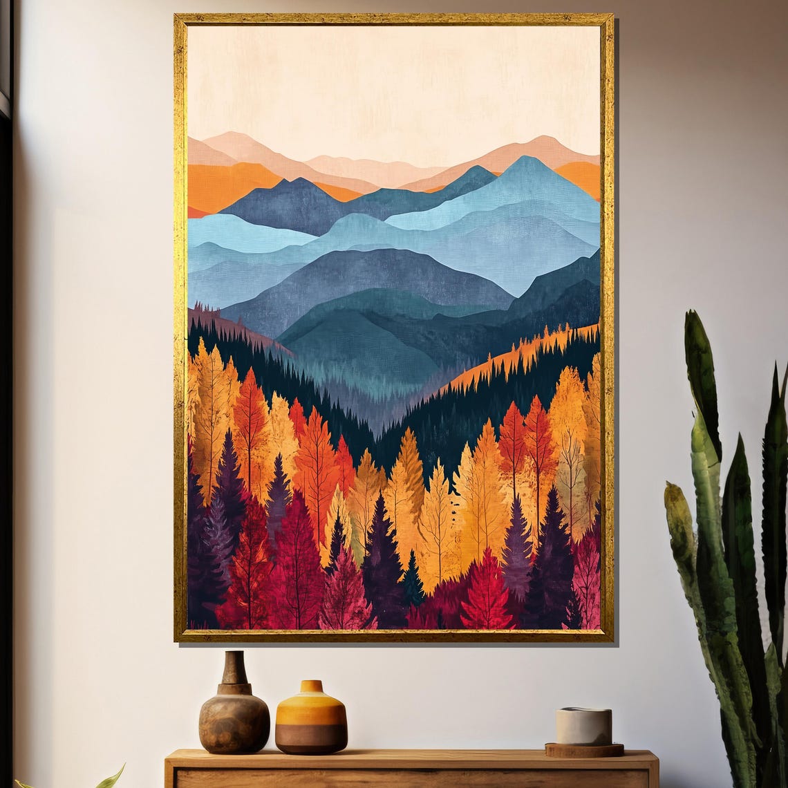 Modern Fall Mountain Landscape, Stylized Autumn Forest