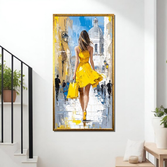 Woman In Yellow Dress Painting, Urban Stroll