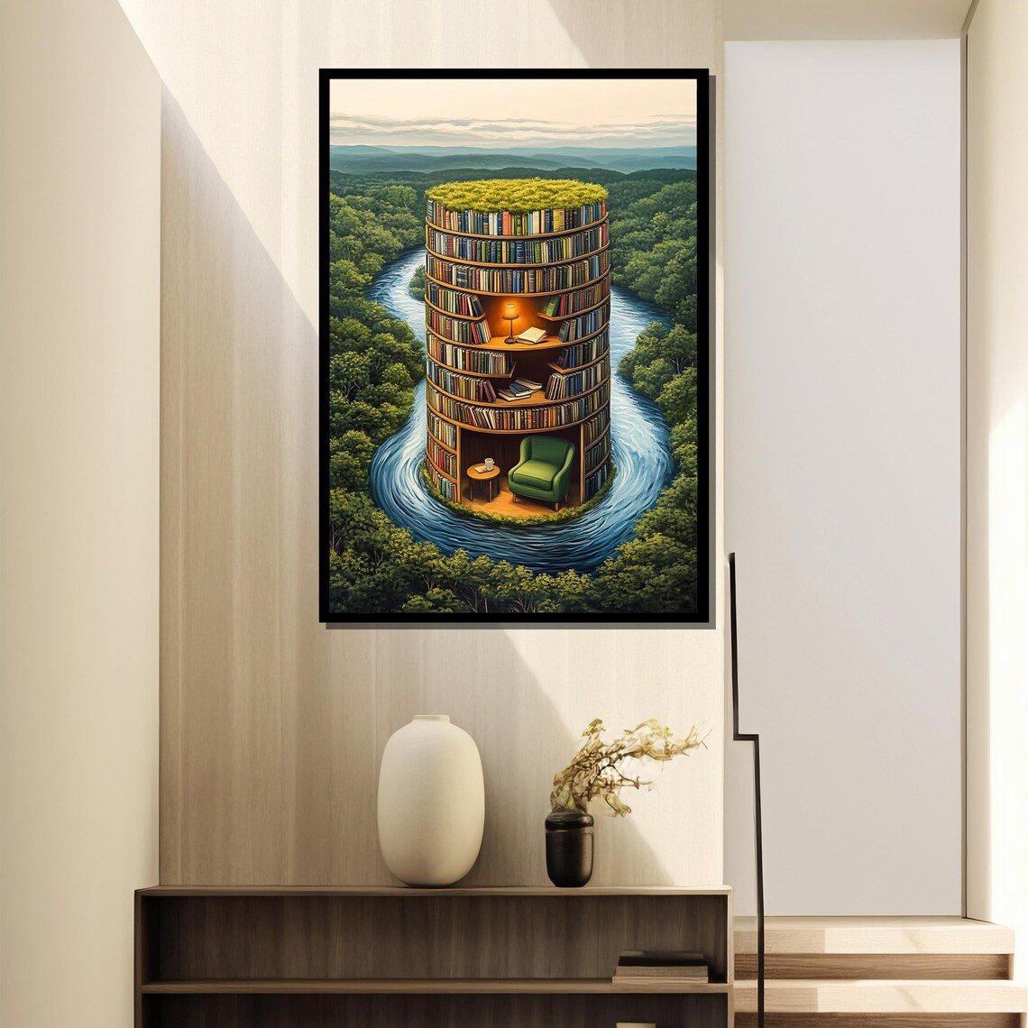 Surreal Tower Of Books, Dreamy River Library - Image 2