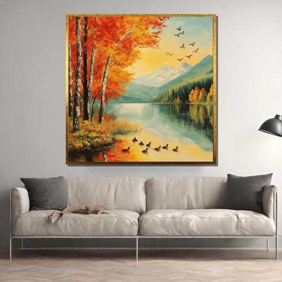 Golden Autumn Lake Painting, Serene Landscape