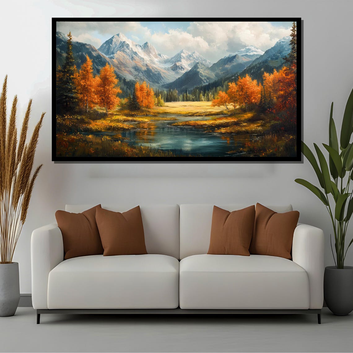 Golden Autumn Landscape, Snowy Mountains and River - Image 2