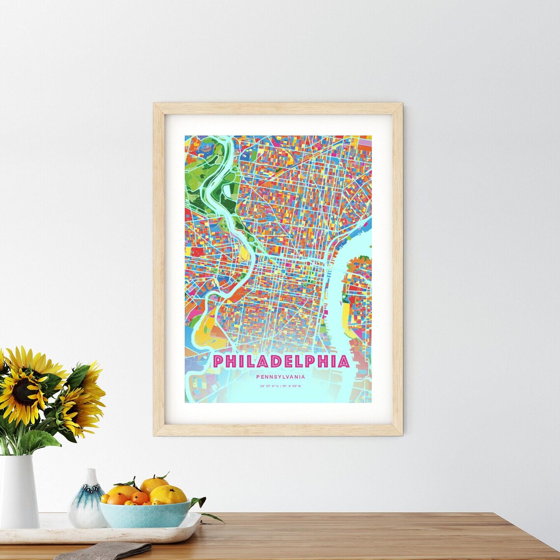 Philadelphia Pennsylvania Colorful City Map Art Poster in Pink and Turquoise - Image 2