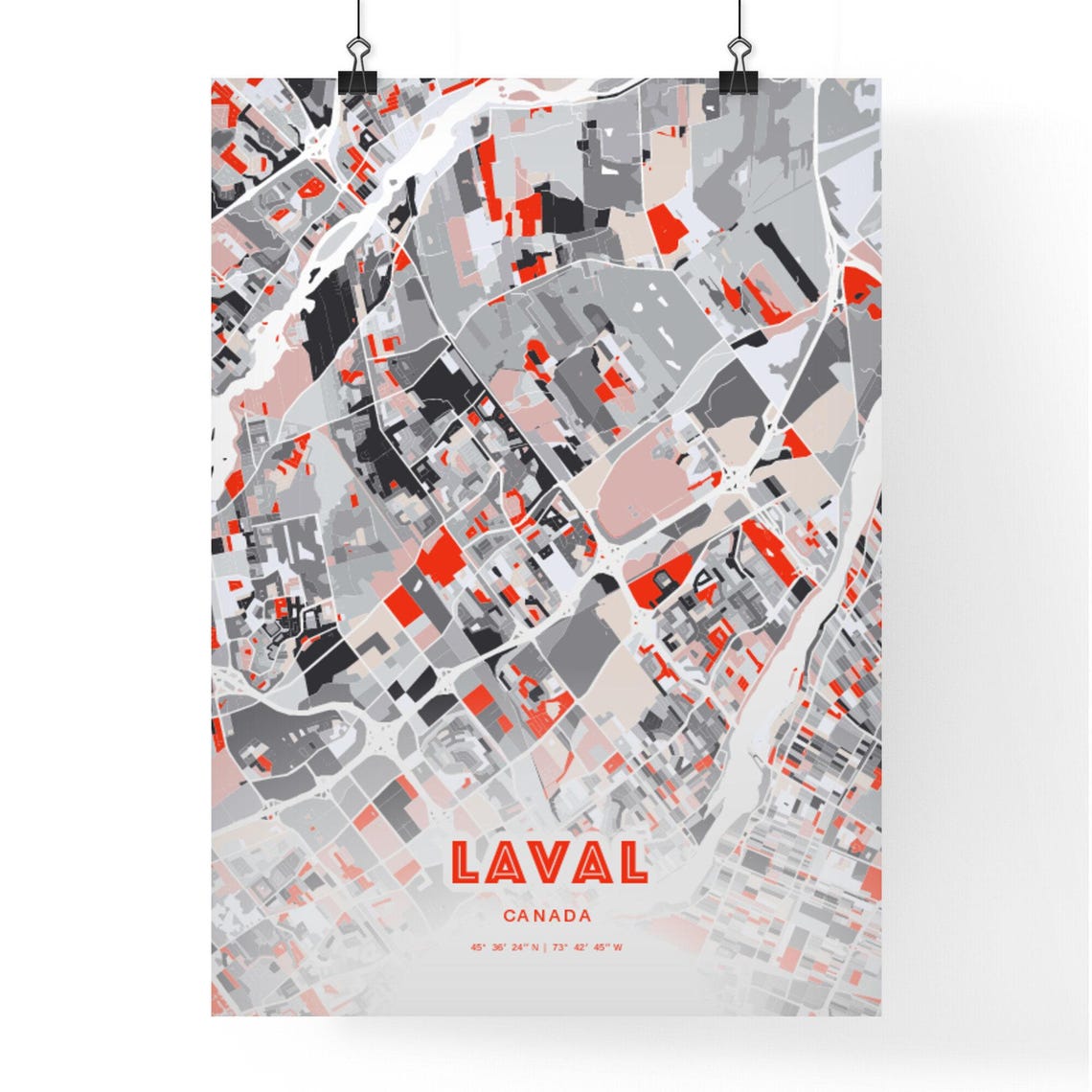 Laval Canada Modern Red Expressive City Map Poster with Coordinates - Image 3