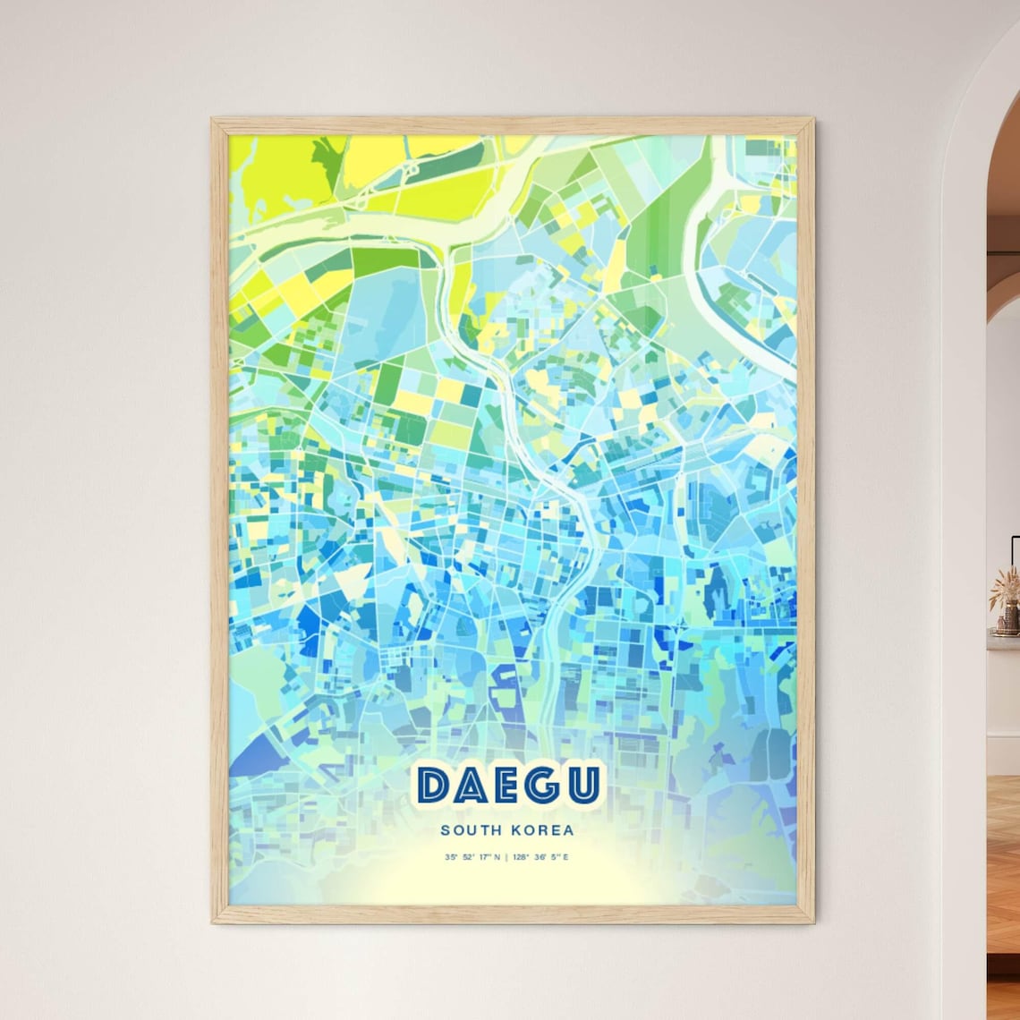 Cool Blue Street Map Art Poster of Daegu South Korea City Decor