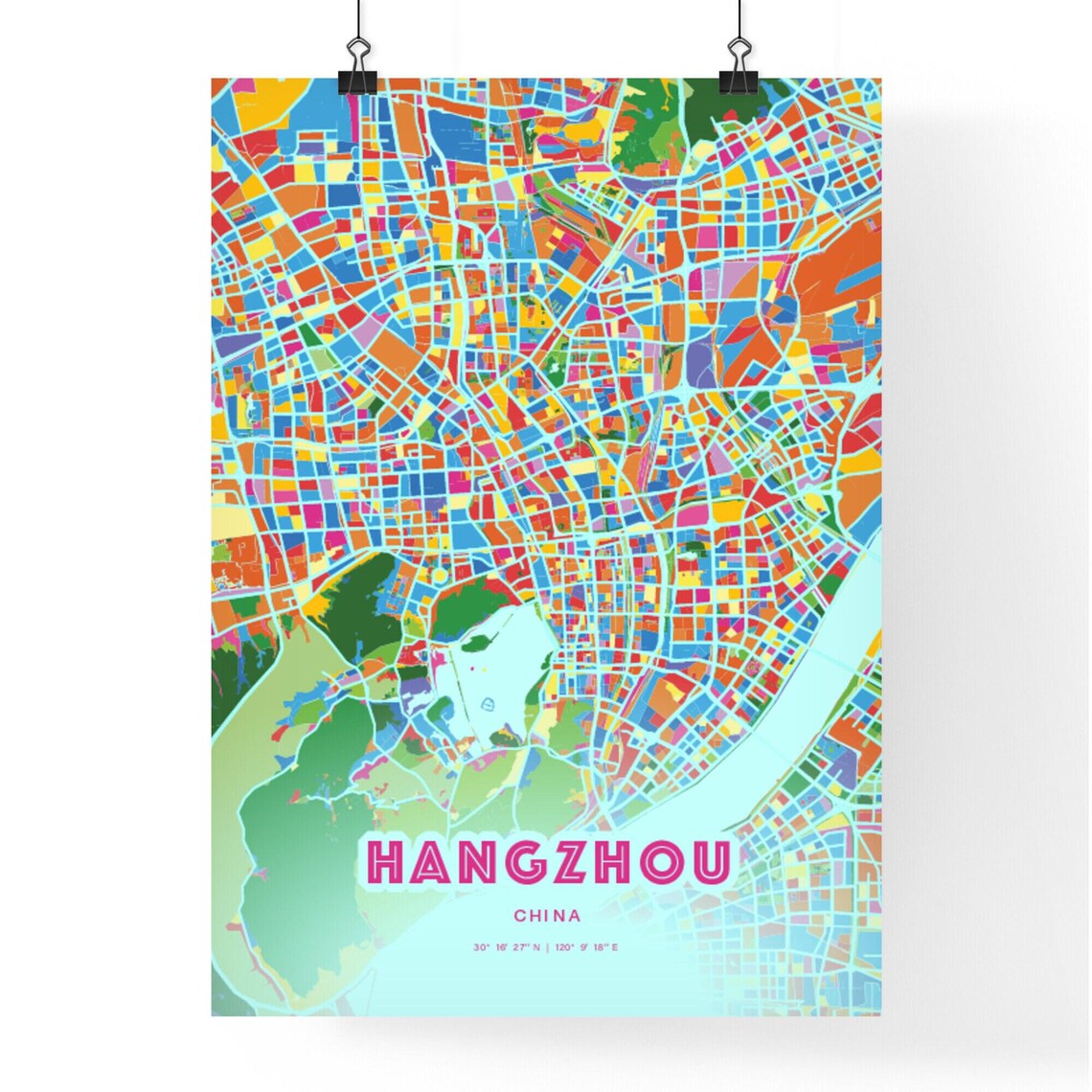 Hangzhou China Rainbow City Map Poster Vibrant Colorful Street Grid Art - Image 3