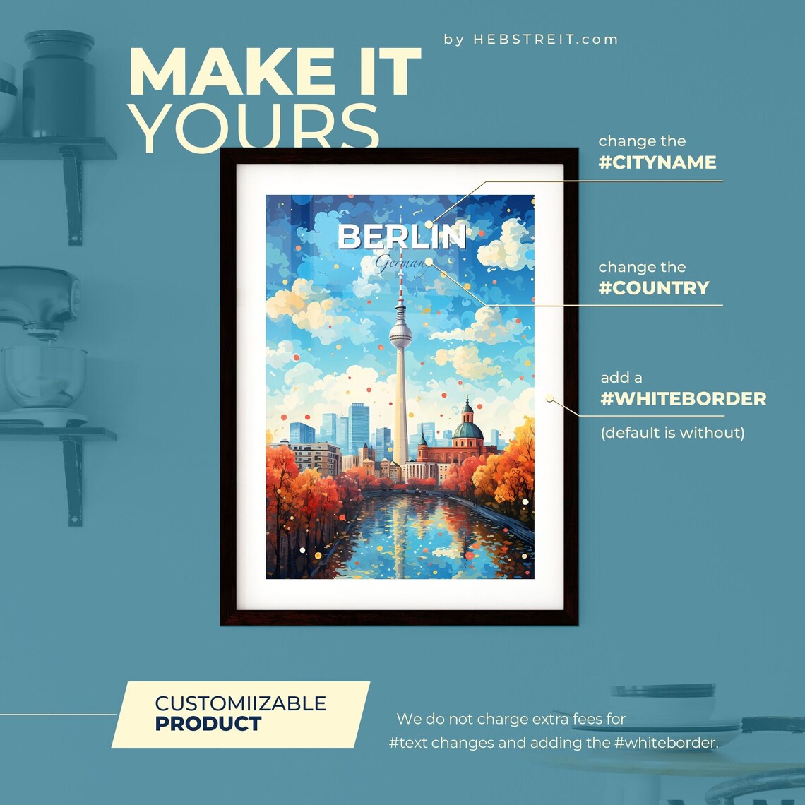 Berlin Germany Travel Poster Autumn River Skyline TV Tower Illustration Art - Image 2