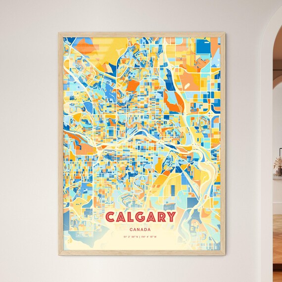 Calgary Canada Colorful Blue Orange City Map Art Poster with Coordinates