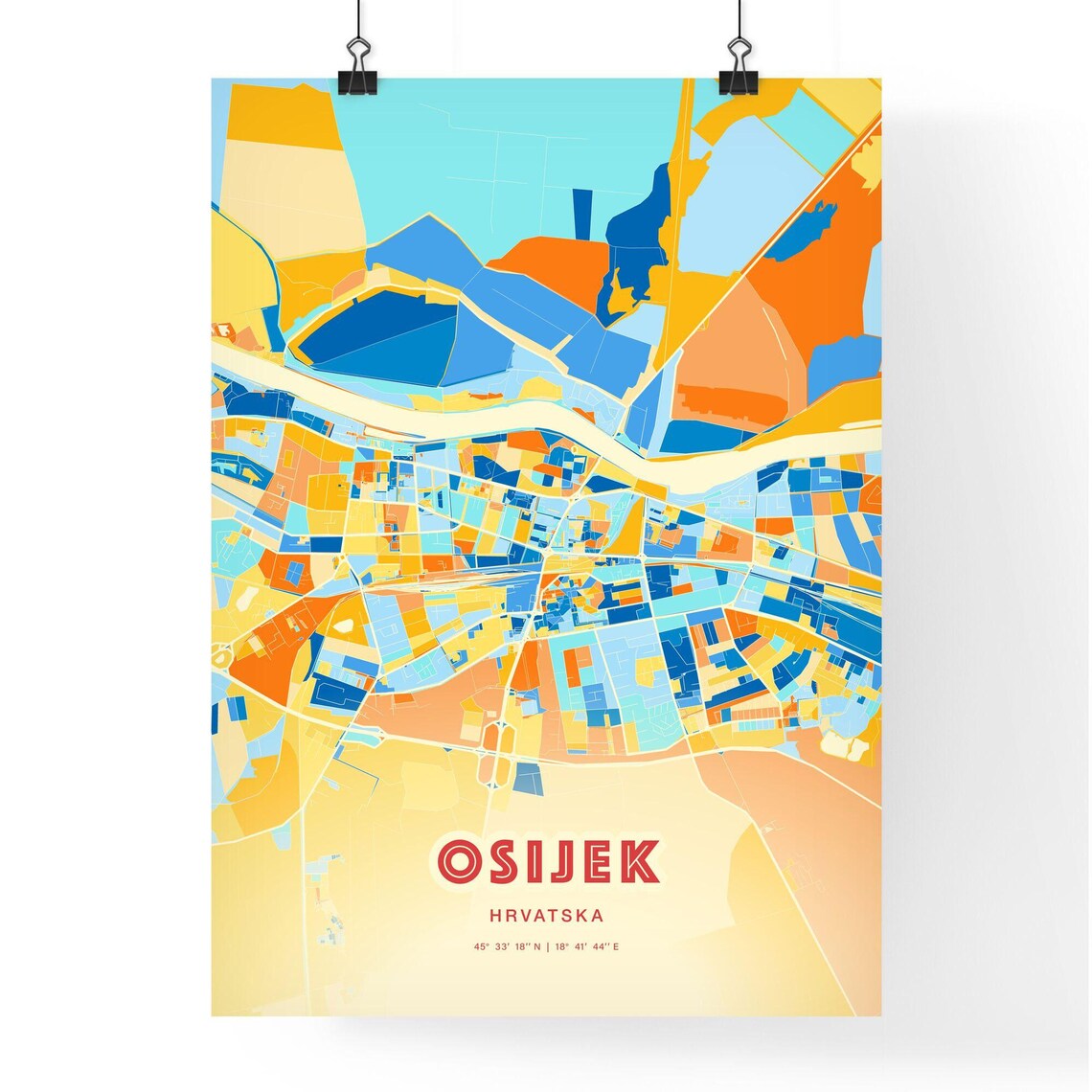 Osijek Croatia Colorful City Map Poster Blue Orange Modern Wall Decor - Image 3