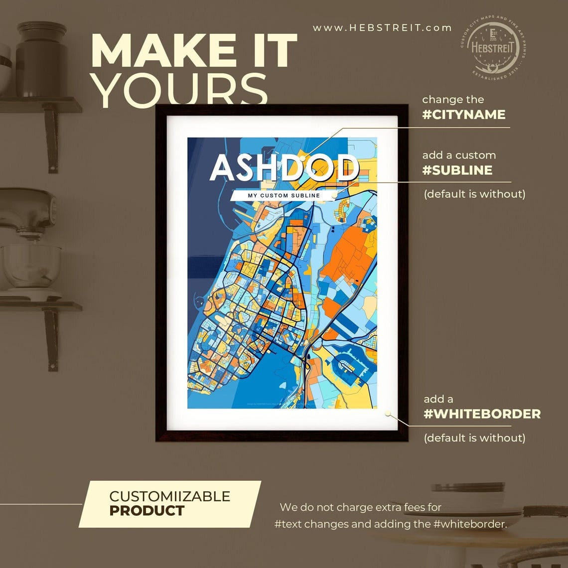 Ashdod Israel Stylish Vibrant Blue and Orange Mosaic City Map Poster - Image 2