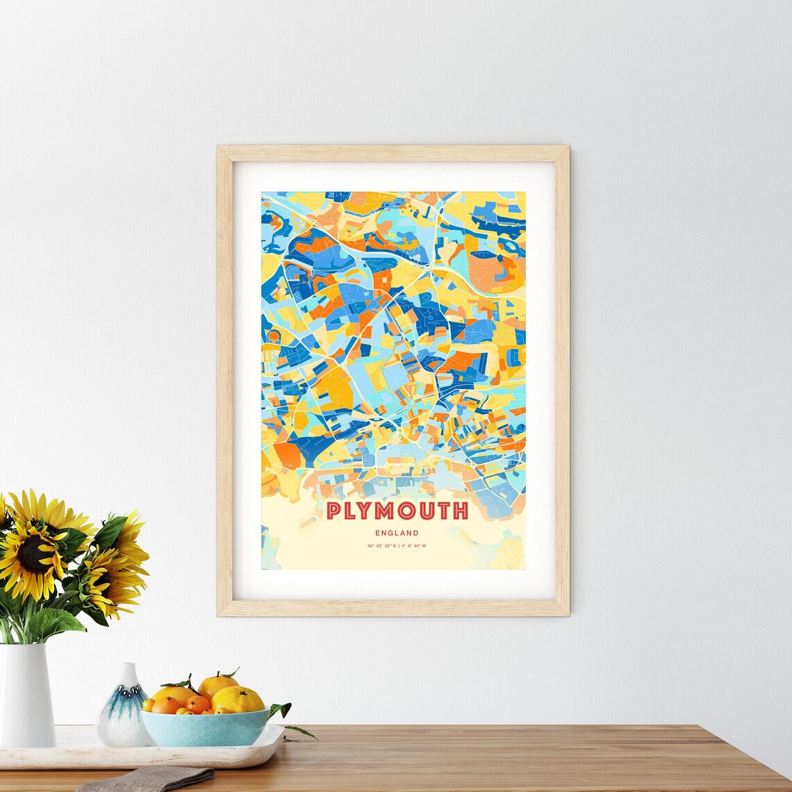 Plymouth England Colorful Blue Orange Modern City Street Map Poster - Image 2