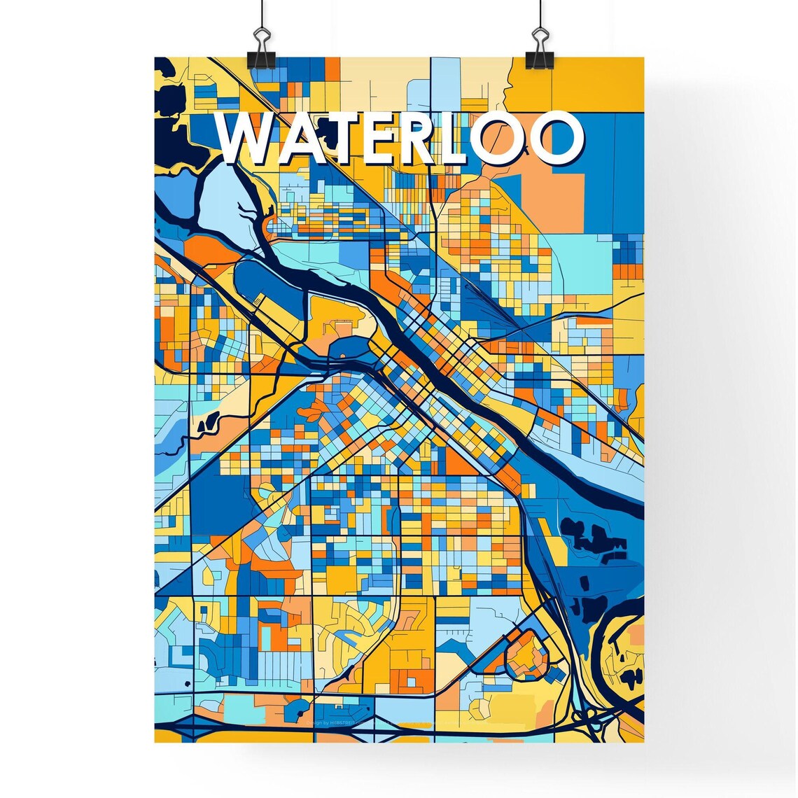 Waterloo Iowa Bold Colorful Vibrant City Street Map Art Poster - Image 4