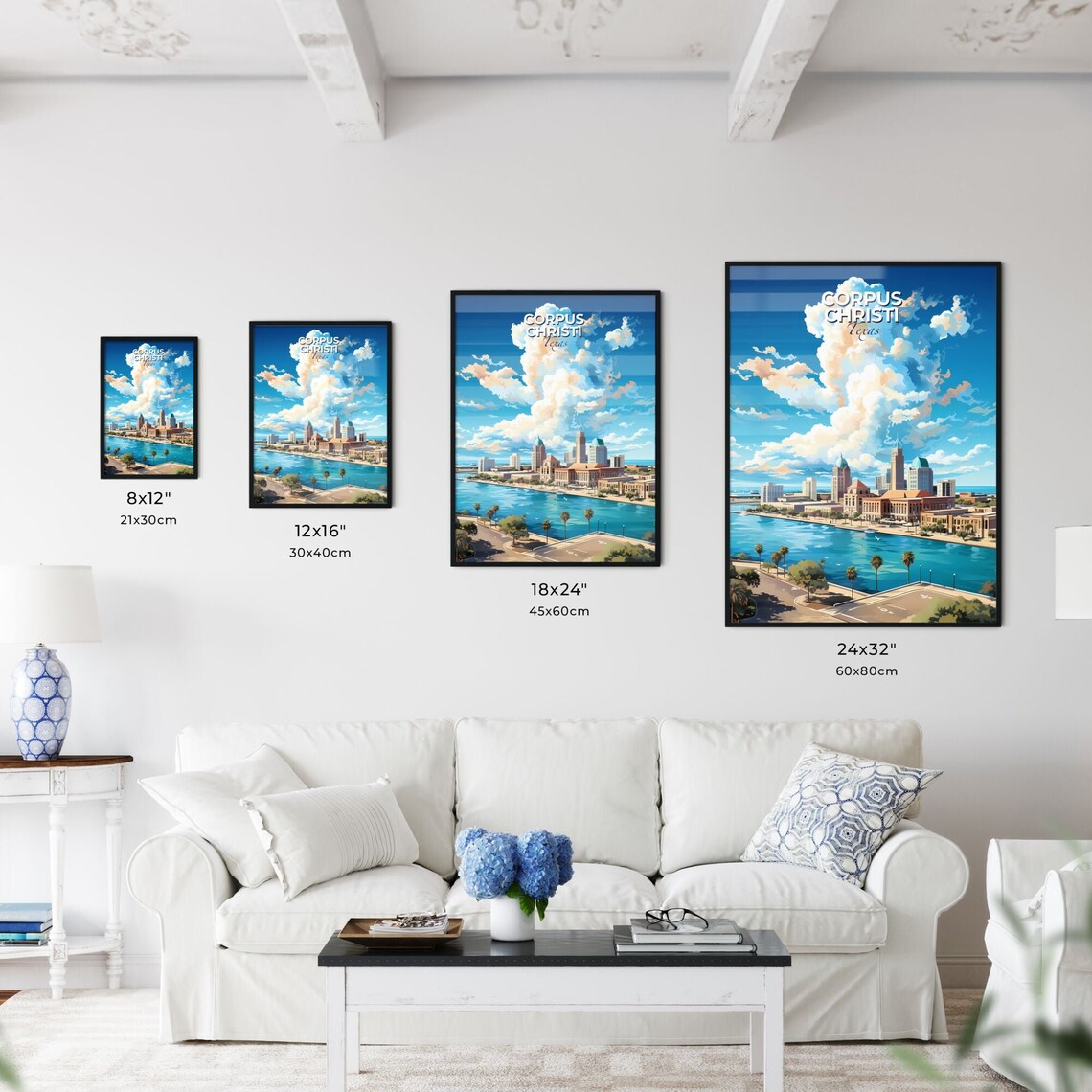 Corpus Christi Texas Skyline Poster Bayfront Palm Tree Travel Scene Art - Image 3