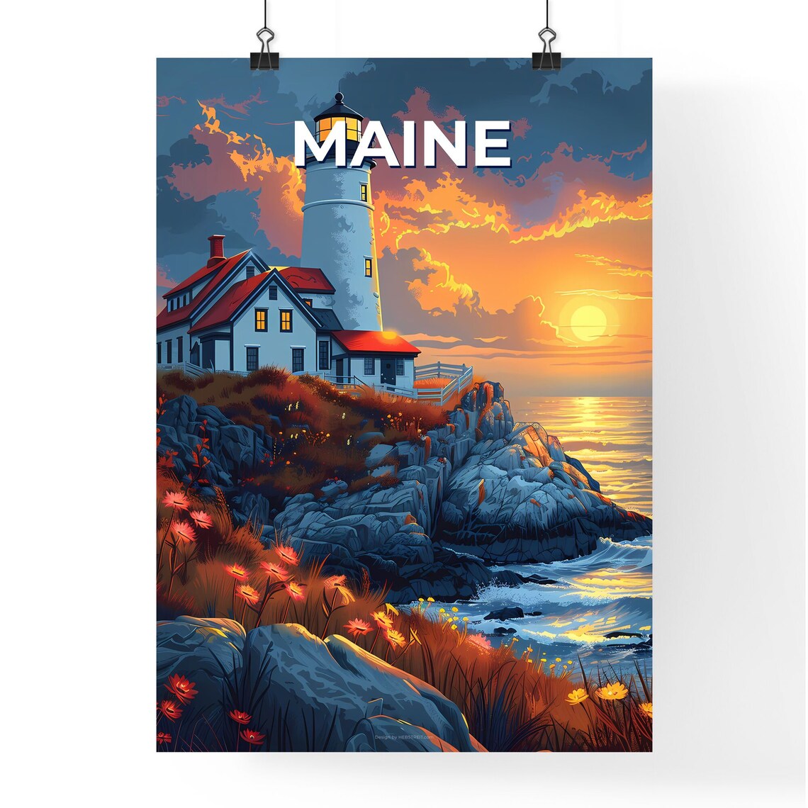 Maine White Lighthouse Rocky Coast Sunset Ocean Travel Poster - Image 4