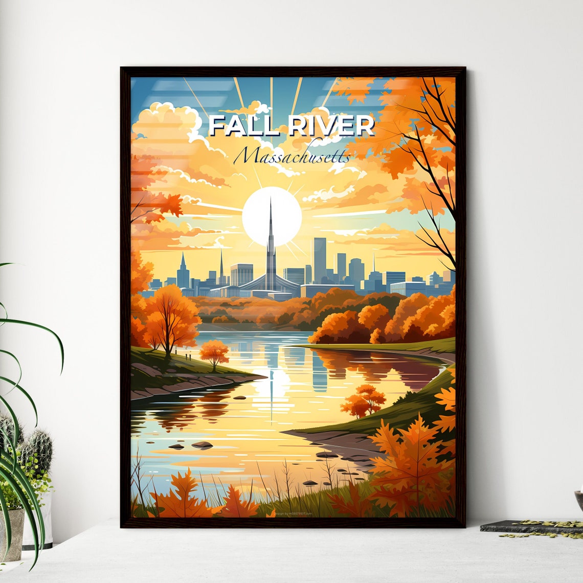 Fall River Massachusetts Autumn Lake Skyline Vintage Travel Poster